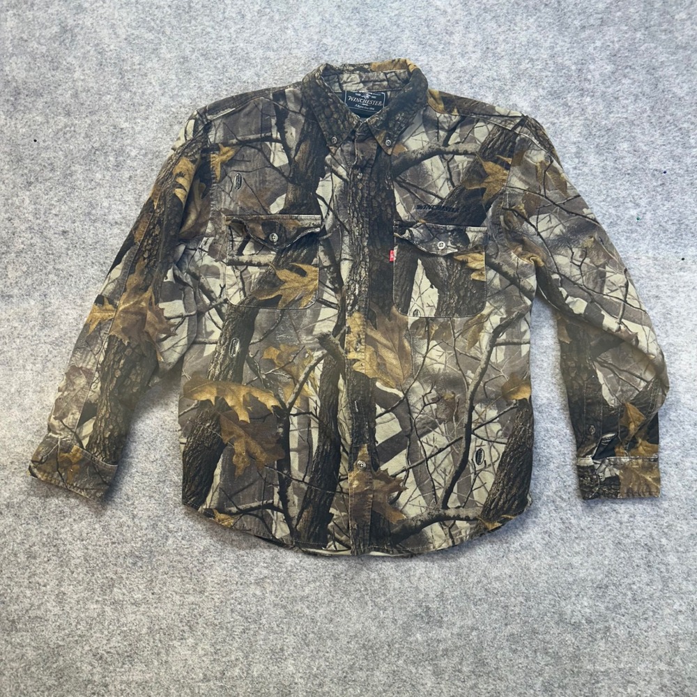 Winchester Camo Button Down Shirt Mens Large Brown Realtree Hardwoods